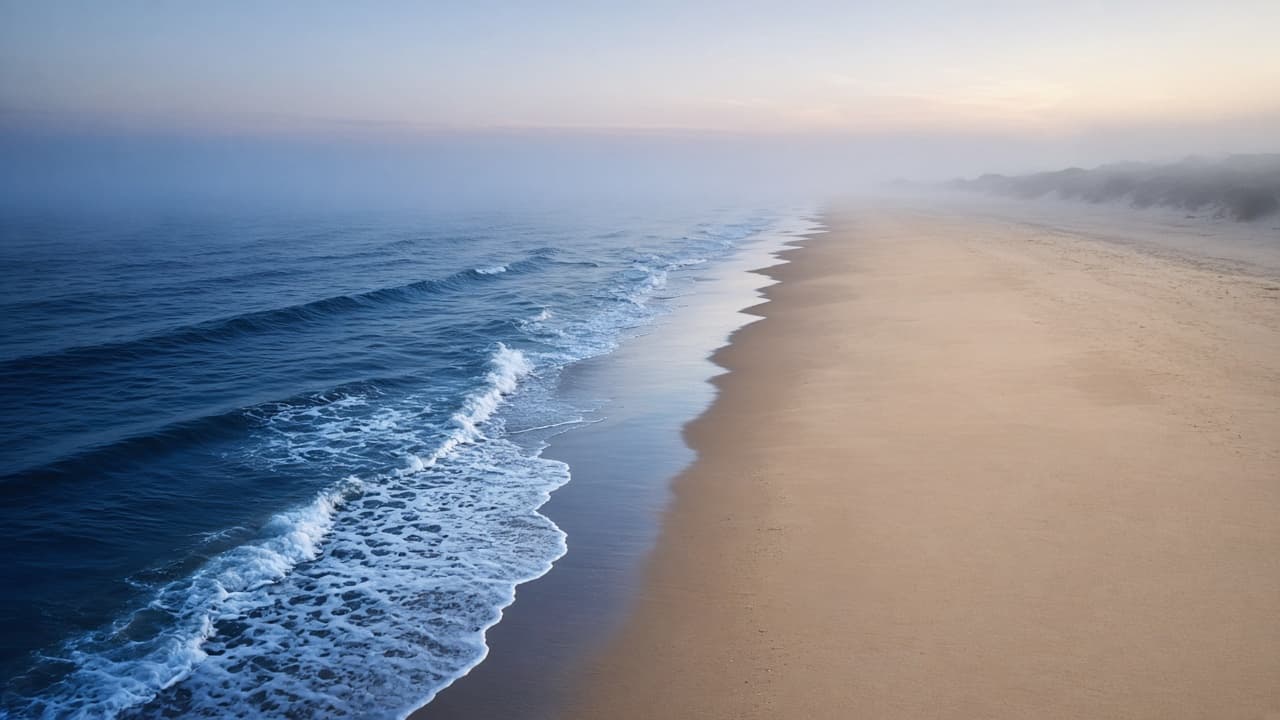 Empty coastline at dawn, with deep navy water and a pale sand beach.