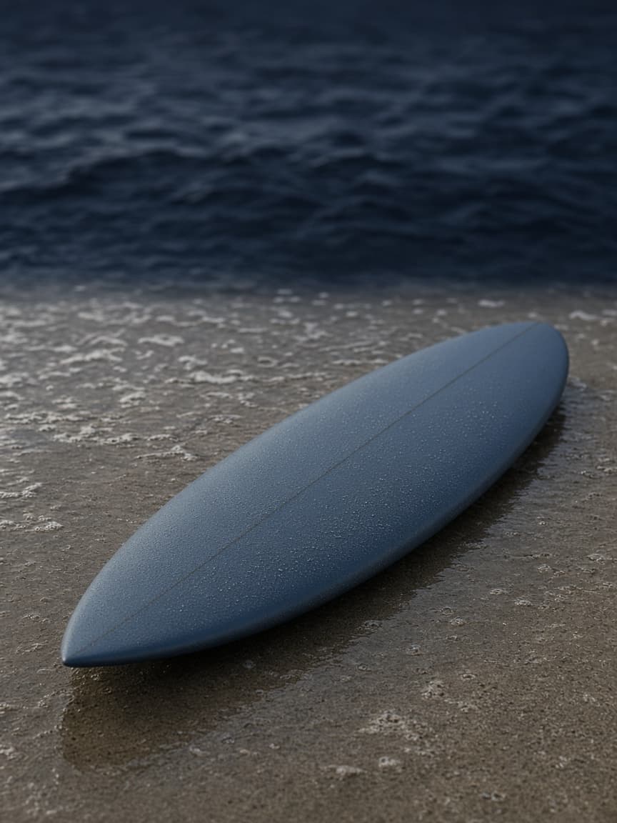 SURFCOOL Ocean Pro, a slate-blue shortboard, on wet sand.