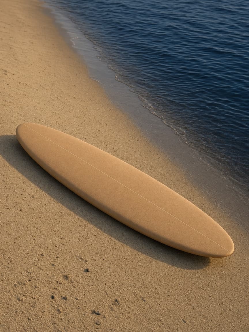 SURFCOOL Sunset Cruiser, a sand-colored longboard, beside the water.